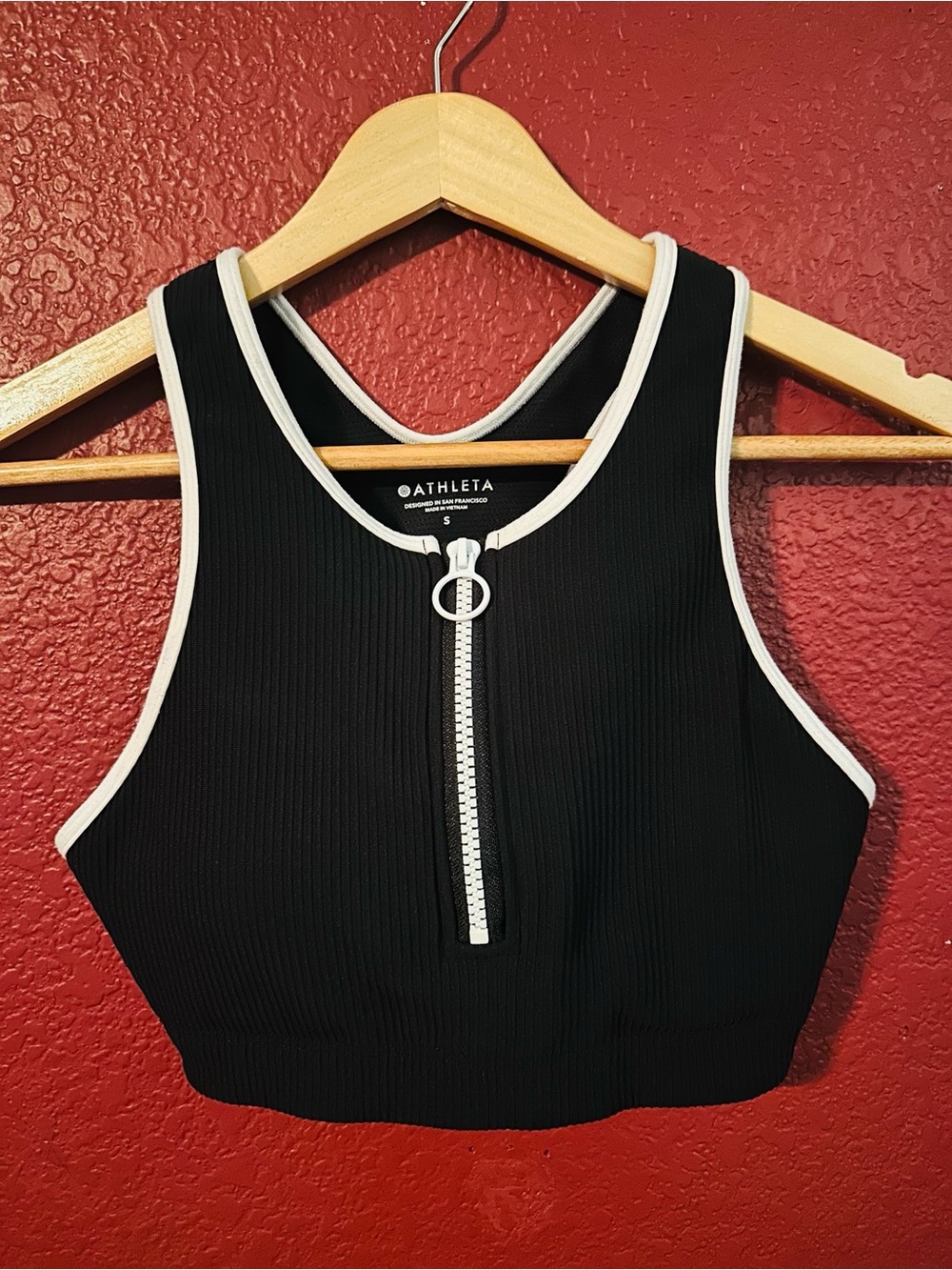 Athleta Black Ribbed Zip-Front Crop Tank with White Trim